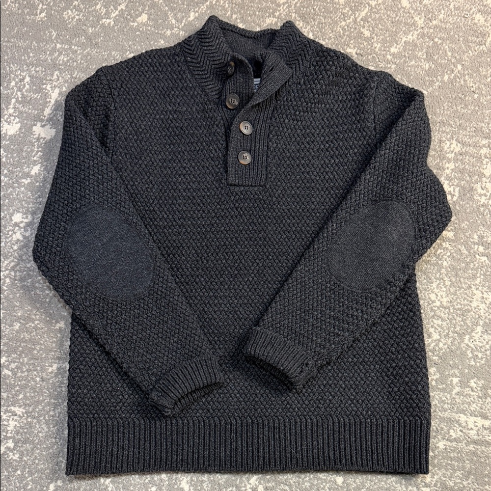 Men's Black Textured Sweater with Button Placket
